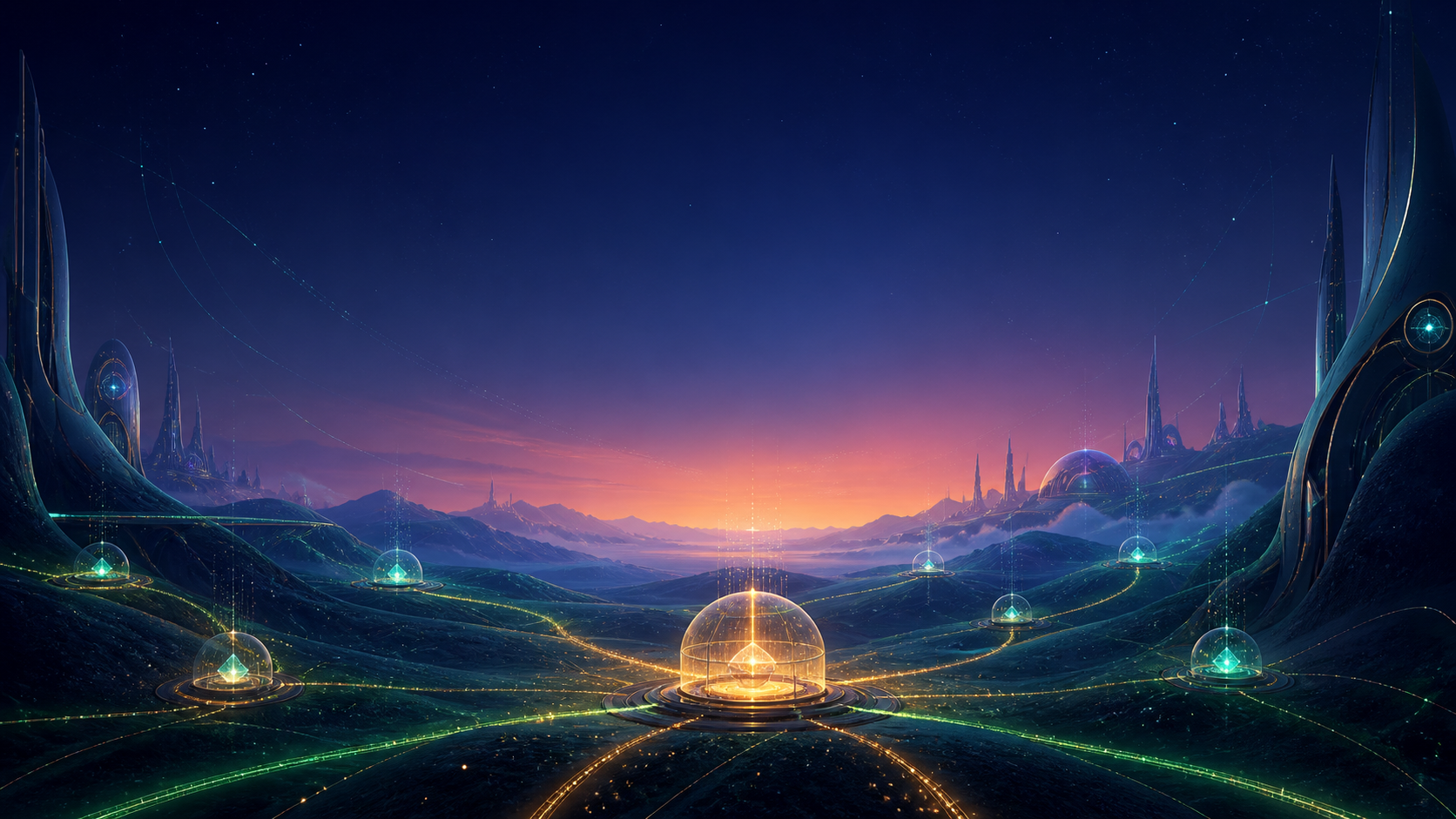 A futuristic landscape where luminous agent paths converge on one human approval pavilion