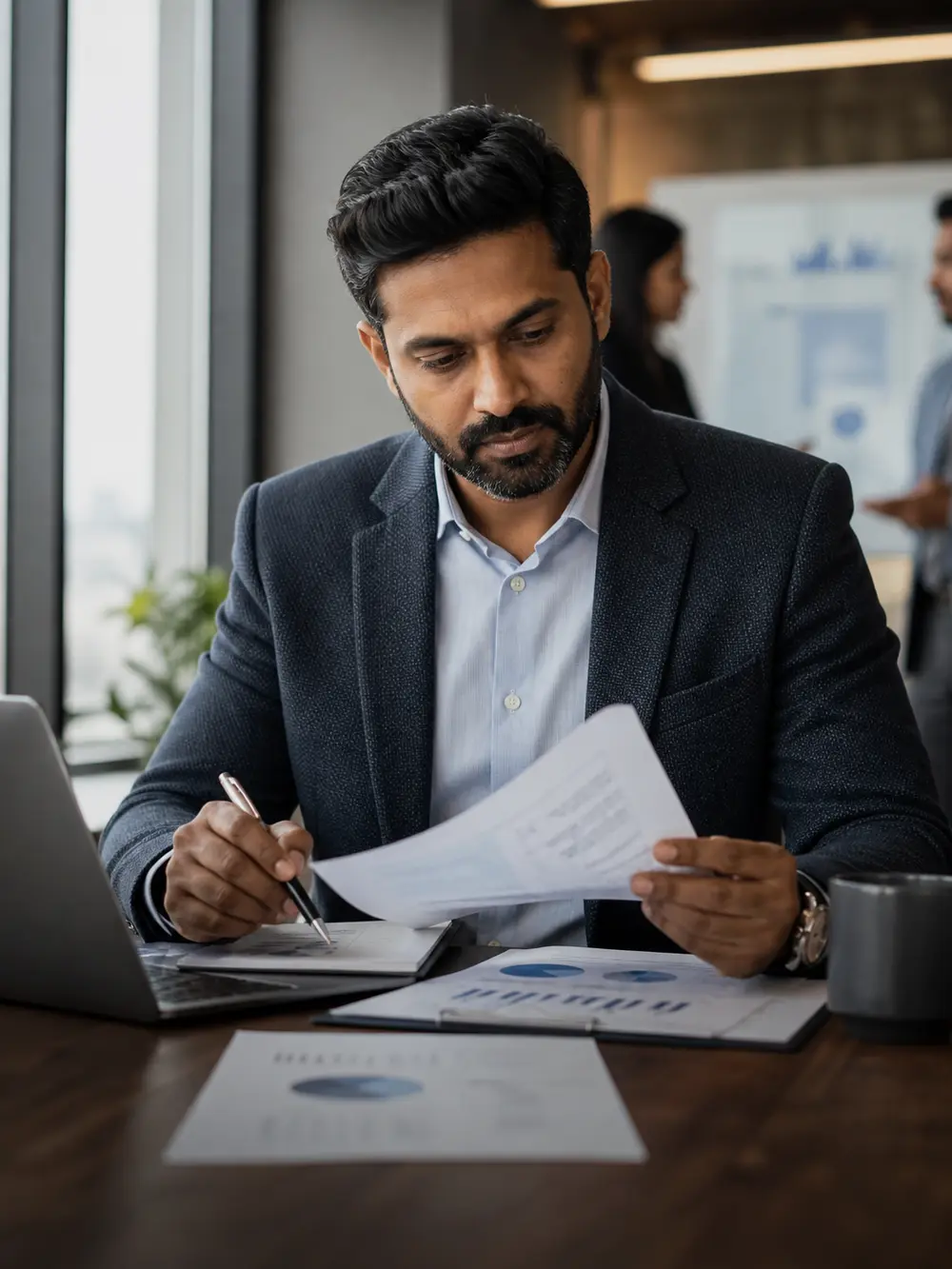 A professional checking a client report and presentation in a modern office