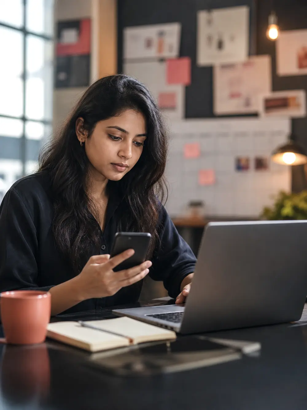 A social media strategist reviewing campaign content on a phone and laptop